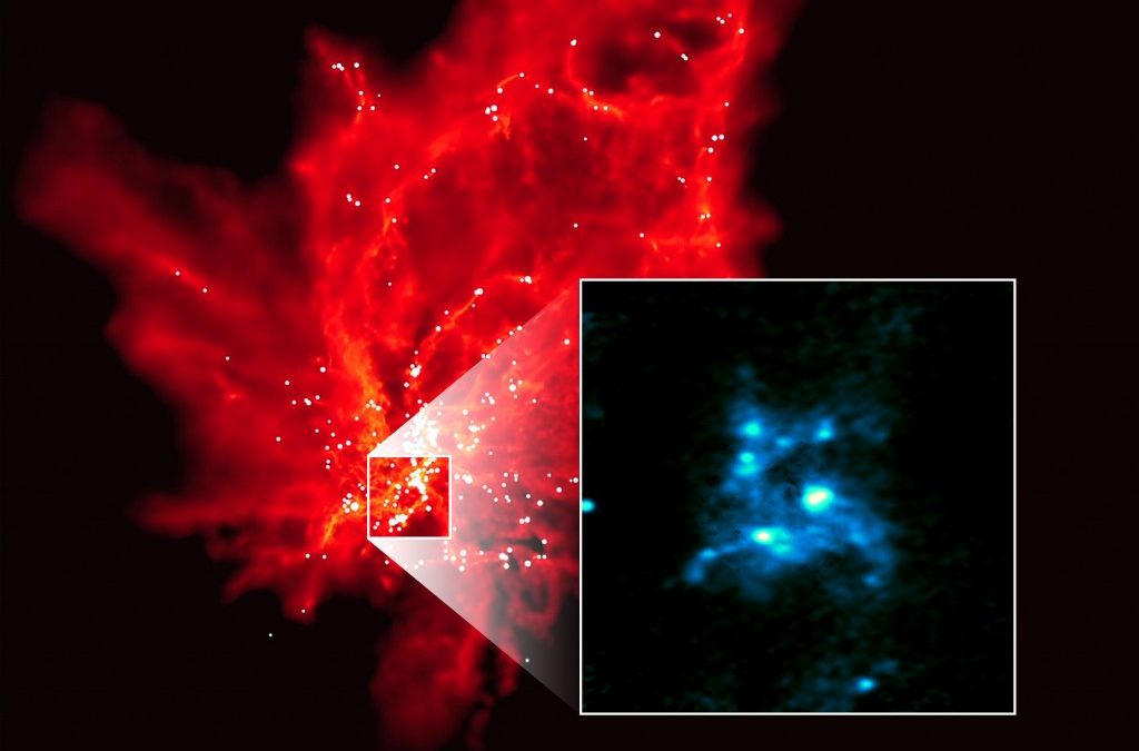 ALMA revela la cuna de densos núcleos donde nacerán estrellas masivas